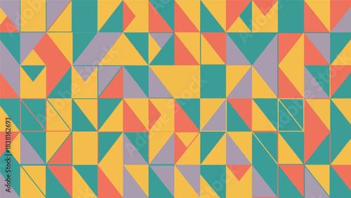 Retro geometric composition featuring a harmonious blend of triangles and squares in various tones