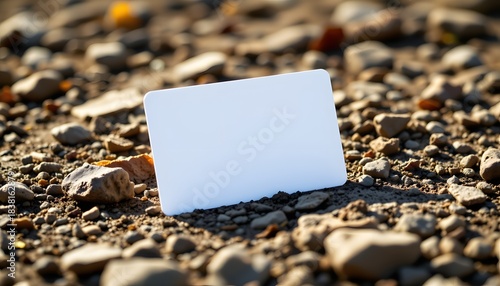 Blank Card on Rough Ground: A pristine blank card rests on a bed of pebbles, inviting a world of possibilities against a backdrop of raw natural texture.