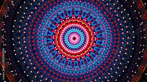 Intricate glowing mandala pattern with vibrant blue and red colors creating a hypnotic design