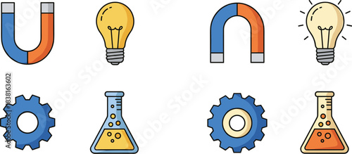 STEM Icon Set Featuring Magnets, Light Bulbs, Gears, and Laboratory Flasks Representing Science, Engineering, Technology, and Chemistry Concepts
