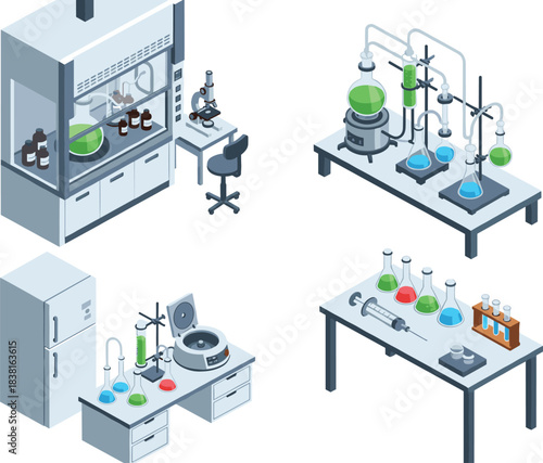 Isometric Scientific Laboratory Illustration Featuring Chemical Workstations, Glassware, Reagents, Centrifuge, Microscope, Syringe, Digital Scale, and Sample Storage