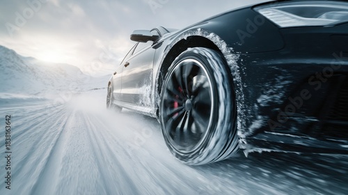 car braking on black ice, wheels locking briefly, ABS activating, snow flying, icy mountain road, minimalistic light style, soft daylight, clean