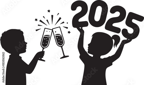Children celebrating with champagne and the year 2025