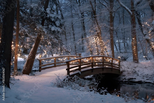 Christmas Lights in Snowy Woodland — Bridge Over Stream in Snow‑Covered Forest at Night bridge in the forest