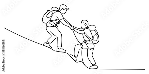 Minimalist single line drawing of two hikers collaborating, one helping the other ascend a steep slope, symbolizing teamwork and support. Vector, illustration