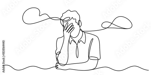 Continuous line drawing of a man experiencing stress and anxiety, covering his face with his hand, symbolizing mental burden and overwhelming thoughts. Vector, illustration