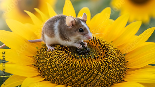 Adorable tiny mouse foraging for seeds atop a vibrant sunflower during golden hour