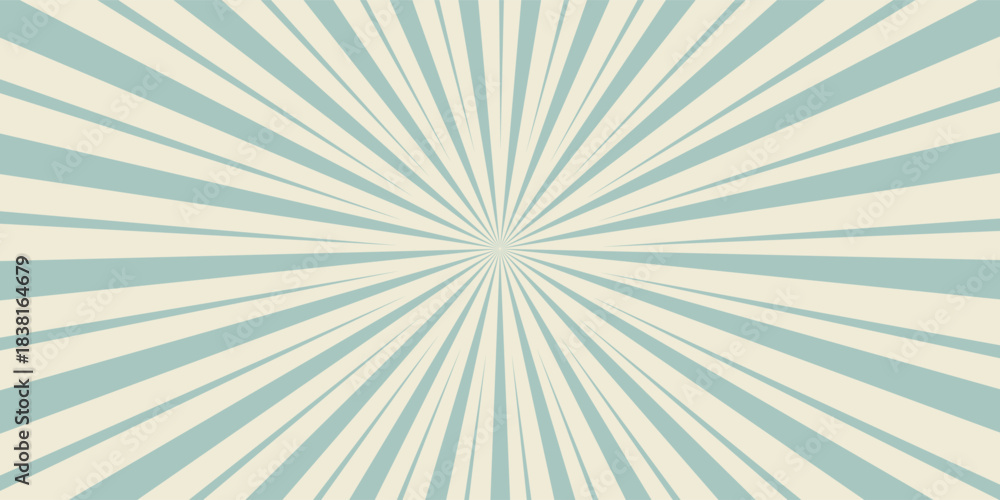 Fototapeta premium Sunlight retro horizontal background. Pale blue and beige color burst background. Fantasy Vector illustration. Magic Sun beam ray pattern background. Old paper starburst. Circus poster or placard