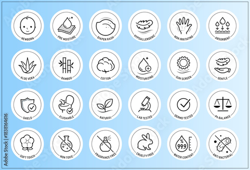 Kids care and hygiene set icons. The outline icons are well scalable and editable. Perfect for  baby pads, mats, diapers, tissues, napkins and etc. EPS10.