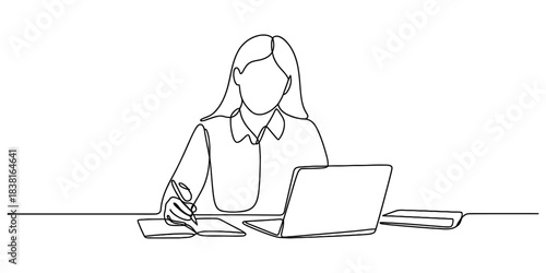 Continuous line drawing of a woman working at a desk with laptop and notebook. illustrates remote work, study, business, and productivity. Vector, illustration