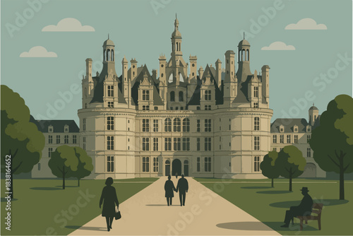 Elegant european chateau and garden path travel landscape illustration