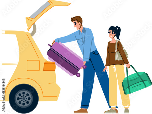 Couple packing luggage into car trunk for travel