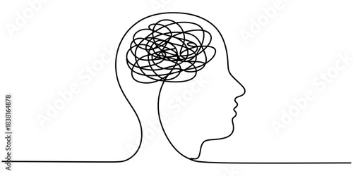 Continuous line drawing of human head with tangled lines symbolizing complex thoughts, mental health, confusion, stress, and anxiety. Vector, illustration