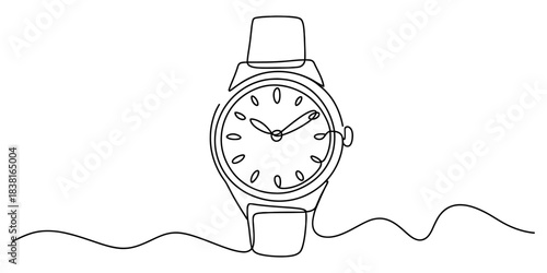 Continuous line art drawing of a classic analog wristwatch, symbolizing time, punctuality, and modern minimalist design. abstract doodle style illustration. Vector, illustration