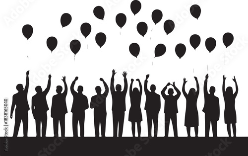 Silhouette crowd releasing black balloons into white sky