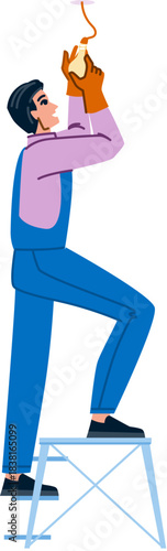 Electrician installing light bulb on stepladder