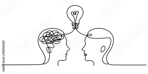 Continuous line art of two heads. one tangled, one clear, linked by a light bulb, symbolizing ideas, solutions, and clarity. Vector, illustration