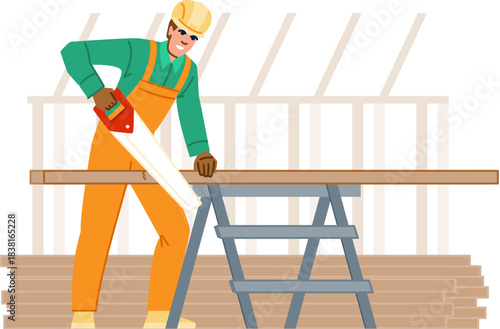 Construction worker sawing wood plank on sawhorses