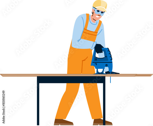 Carpenter worker cutting wooden board with electric jigsaw
