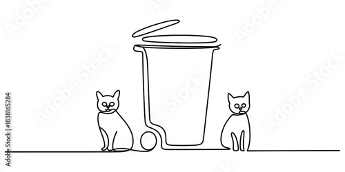 Continuous line drawing of two cute curious cats sitting beside an open wheeled trash bin, simple monochrome graphic vector illustration. Vector, illustration