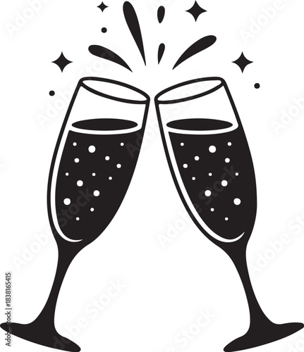 Two black champagne glasses clinking with bubbles and stars