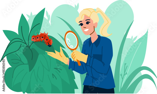 Woman entomologist observing caterpillar on plant leaf with magnifying glass