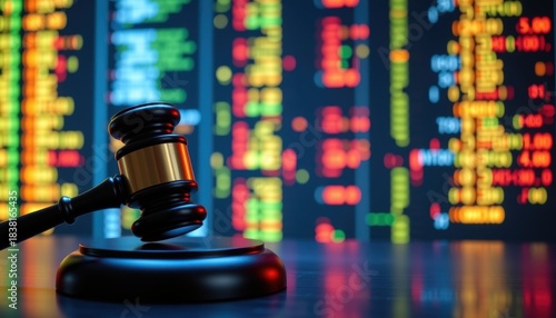 Digital gavel hitting financial markets new york stock exchange visualization modern environment close-up perspective
