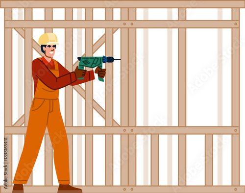 Construction worker building wood frame house using drill