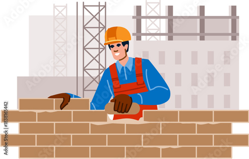 Building brick wall at construction site