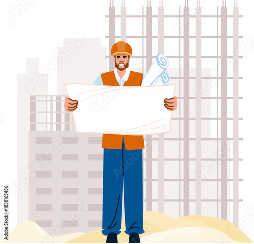 Engineer or architect standing on construction site holding blueprint