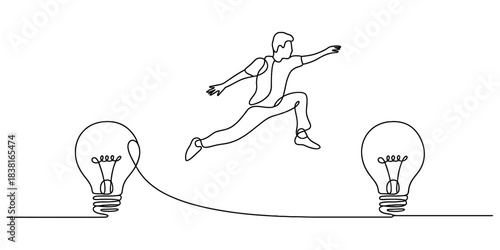 One line drawing of a man jumping between two light bulbs, symbolizing connection, innovation, and creative thought process on a seamless journey. Vector, illustration