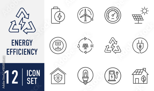 Energy Efficiency line icons set. sustainable renewable power technology line icons set, featuring solar, wind, battery, recycling, smart home. Vector