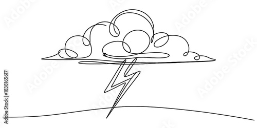 Abstract continuous line drawing of a storm cloud with a lightning bolt, illustrating powerful natural elements and dynamic energy. Vector, illustration