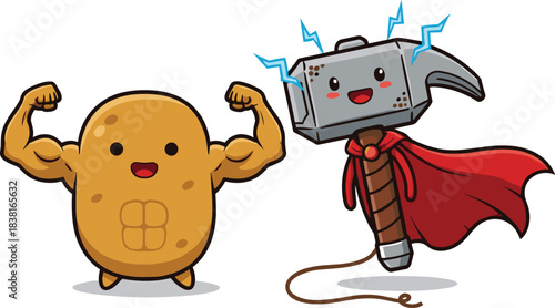 Strong Potato Mascot and Superhero Hammer Cartoon Characters