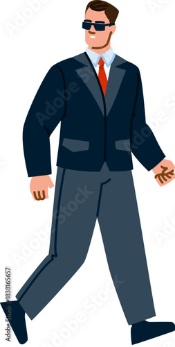 Bodyguard man walking wearing dark suit and sunglasses
