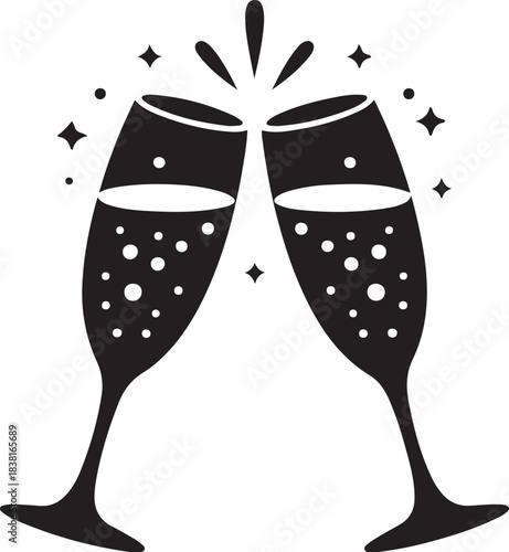 Two black champagne glasses clinking with bubbles and star