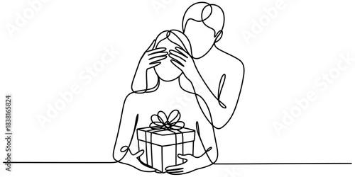 Continuous line illustration of a person surprising another with a present by covering eyes. captures a moment of joy and celebration. Vector, illustration