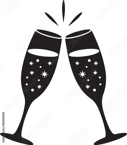 Two black champagne glasses clinking with white bubbles and stars