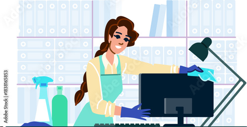 Janitor cleaning office computer monitor with cloth