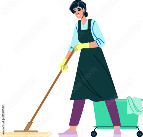 Woman janitor mopping floor with cleaning cart service