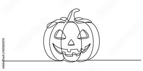 Continuous line drawing of a halloween pumpkin jack-o'-lantern with a carved smiling face, a spooky season holiday symbol artwork. Vector, illustration