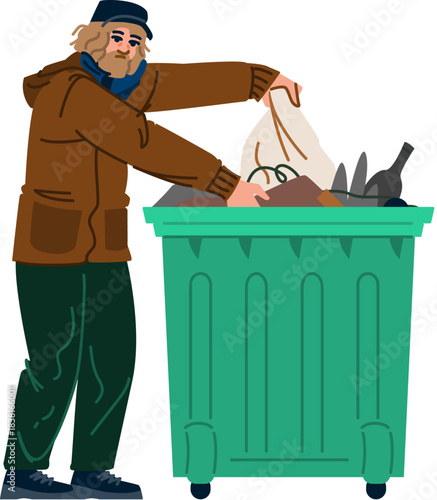 Homeless man searching trash dumpster for food