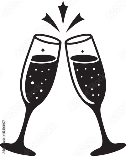 Two champagne glasses clinking with bubbles and stars