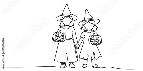 Two little girls in witch hats holding jack-o'-lanterns and hands, drawn in continuous line art, celebrating halloween trick-or-treating joyfully. Vector, illustration