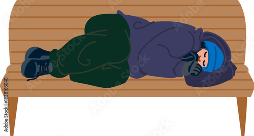 Homeless man sleeping on park bench concept