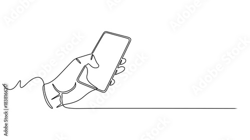 Self drawing animation of continuous line drawing of hand with mobile phone. Full length animation, minimal video of a cell phone sending a message in a continuous line style. Concept of hand holding.