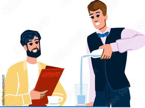 Waiter pouring water for customer reading menu in restaurant