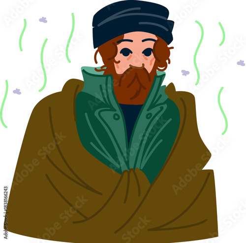 Homeless man experiencing poverty and unsanitary conditions concept