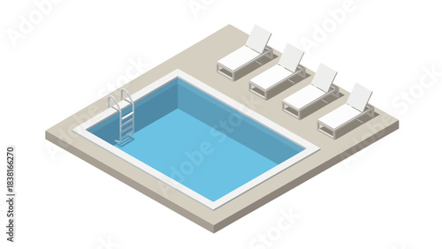 A crisp isometric view of a rectangular blue swimming pool featuring a metal ladder and a neat row of four white lounge chairs on a beige deck, evoking a clean and minimalist summer vibe