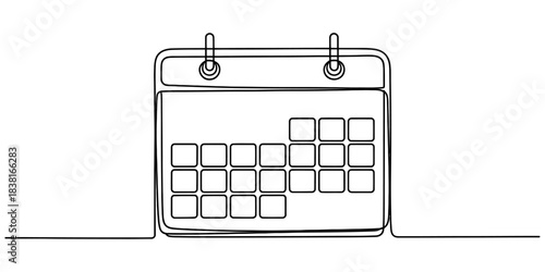 Continuous line art drawing of a minimalist calendar icon with blank date squares, symbolizing scheduling, time management, and event planning. Vector, illustration